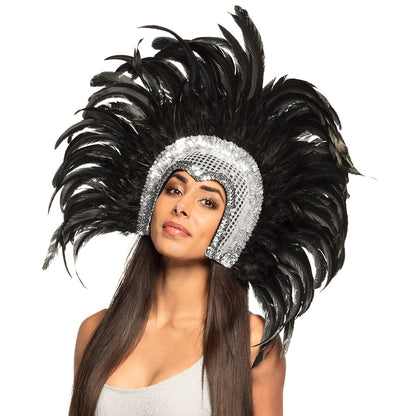 Coiffe Plumes Noires & Sequins Blancs - Accessoire Carnaval