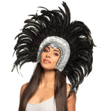 Coiffe Plumes Noires & Sequins Blancs - Accessoire Carnaval