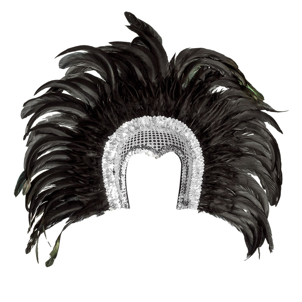 Coiffe Plumes Noires & Sequins Blancs - Accessoire Carnaval