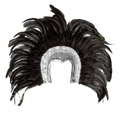 Coiffe Plumes Noires & Sequins Blancs - Accessoire Carnaval
