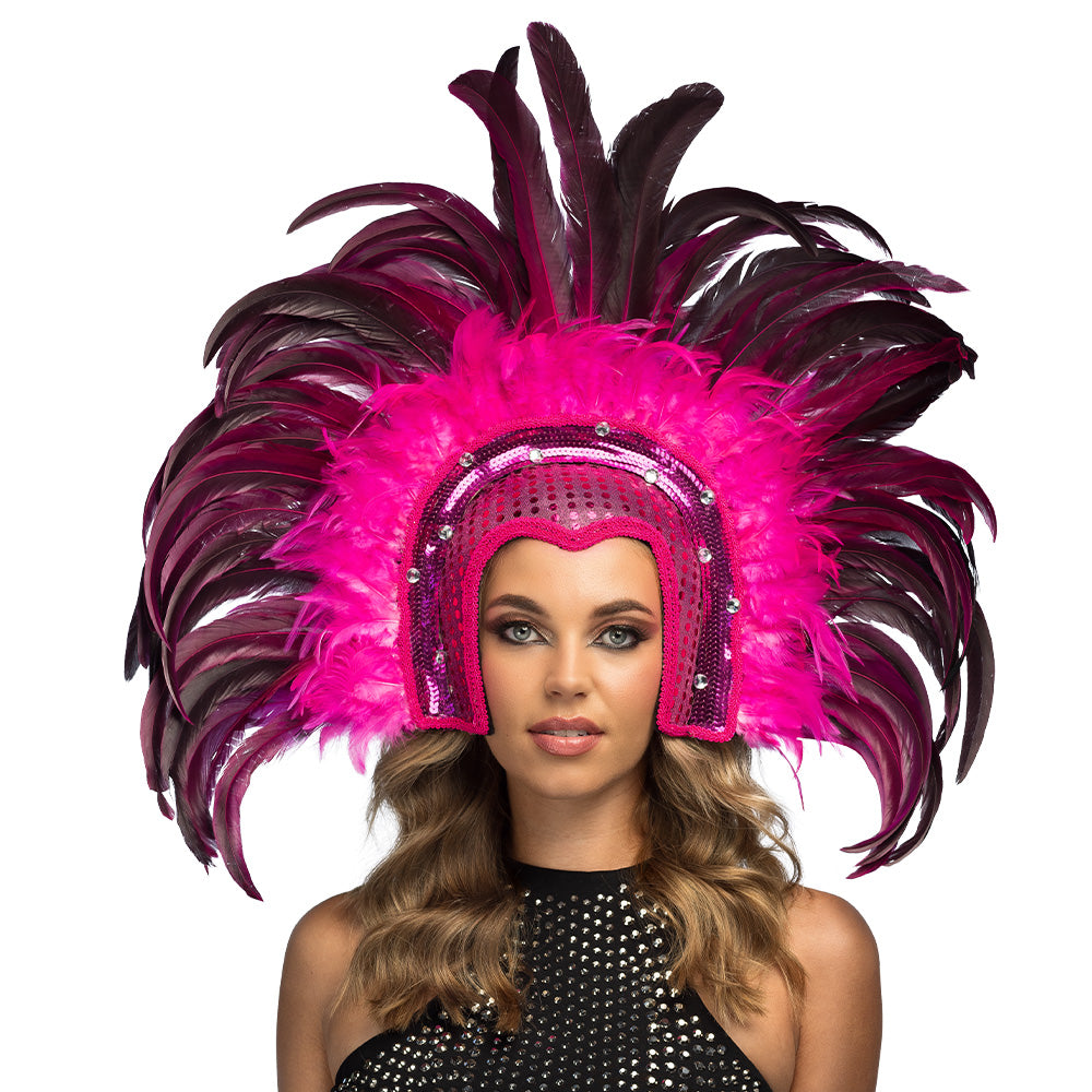 Coiffe Plumes Luxe Rose Fuchsia - Accessoire Cabaret Sequins