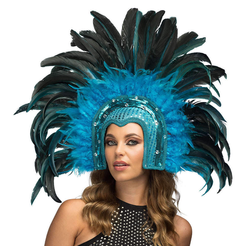 Coiffe de Plumes Turquoise et Noire - Accessoire Carnaval Luxe