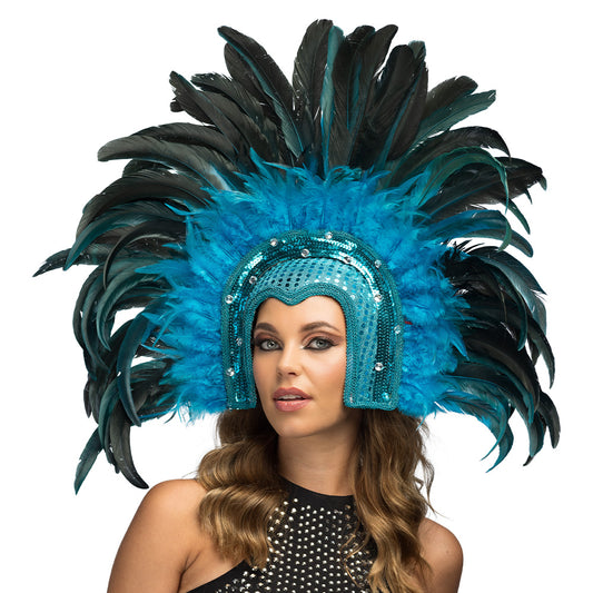 Coiffe de Plumes Turquoise et Noire - Accessoire Carnaval Luxe