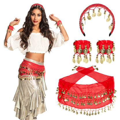 Ensemble Danse du Ventre Luxe - Bandeau, Bracelets & Hip Scarf Rouge
