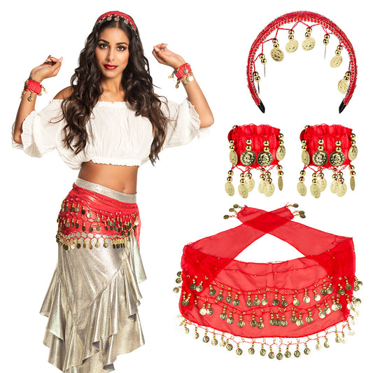 Ensemble Danse du Ventre Luxe - Bandeau, Bracelets & Hip Scarf Rouge