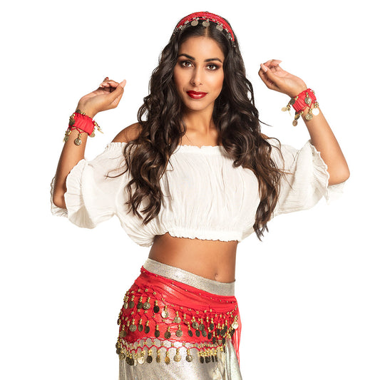 Ensemble Danse du Ventre Luxe - Bandeau, Bracelets & Hip Scarf Rouge
