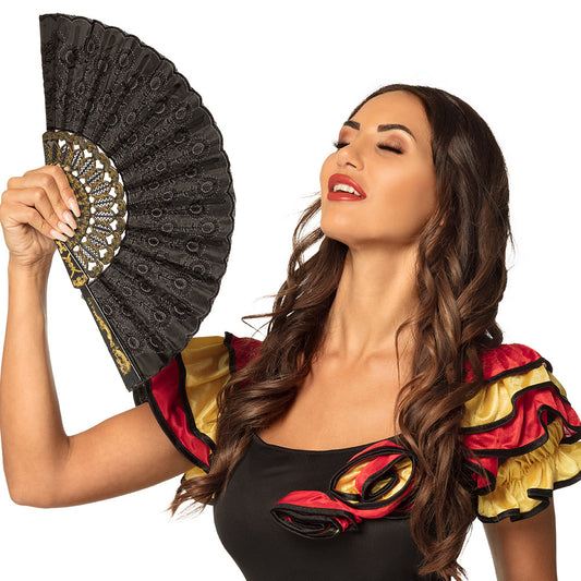 Éventail Noir et Or Flamenco - Accessoire Déguisement Cabaret
