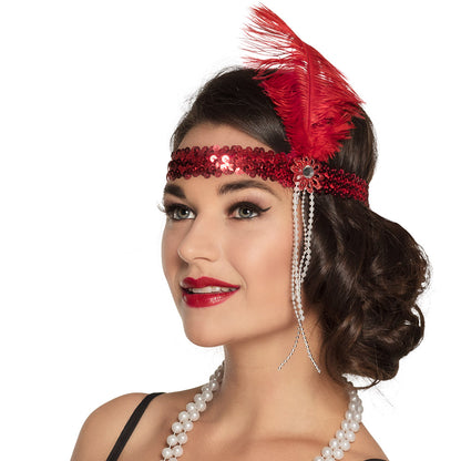 Bandeau Années 20 Paillettes Rouge avec Plume et Chaînes