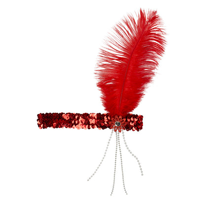 Bandeau Années 20 Paillettes Rouge avec Plume et Chaînes