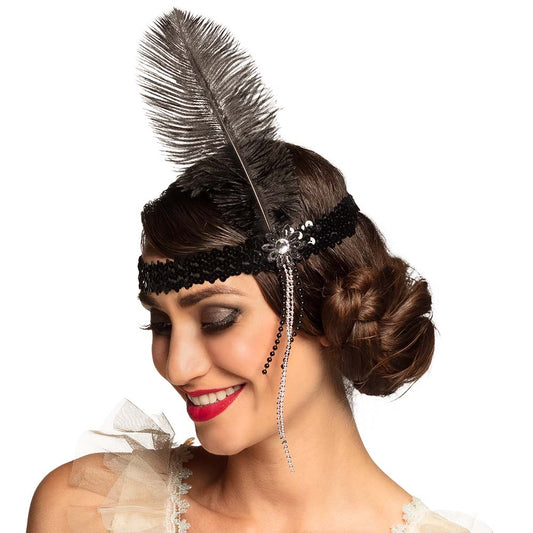 Serre-tête Années 20 Plume Noire Paillettes Gatsby