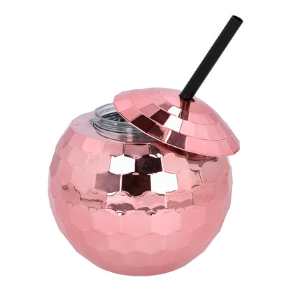 Verre Disco Ball Rose avec Paille - Accessoire Fête Brillant