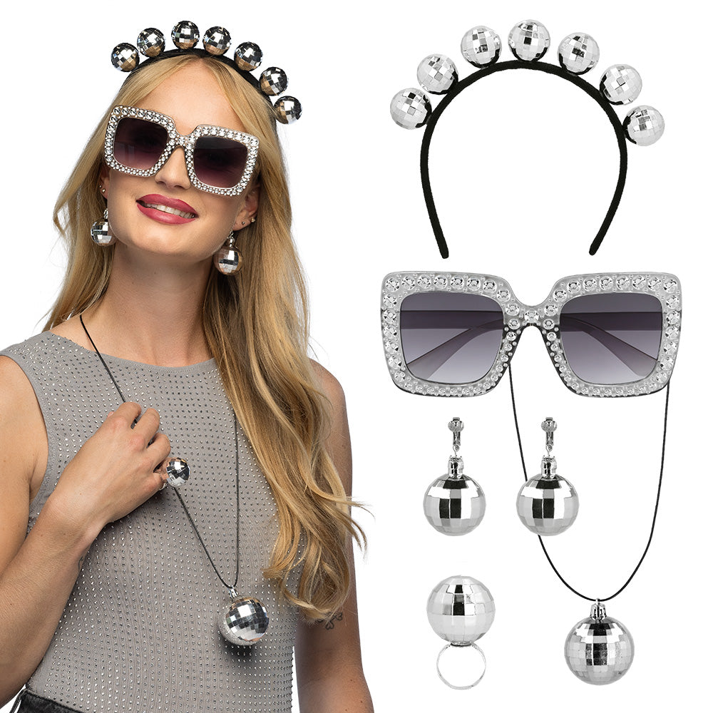 Kit Disco Paillettes : Lunettes, Headband Boules Miroir & Accessoires
