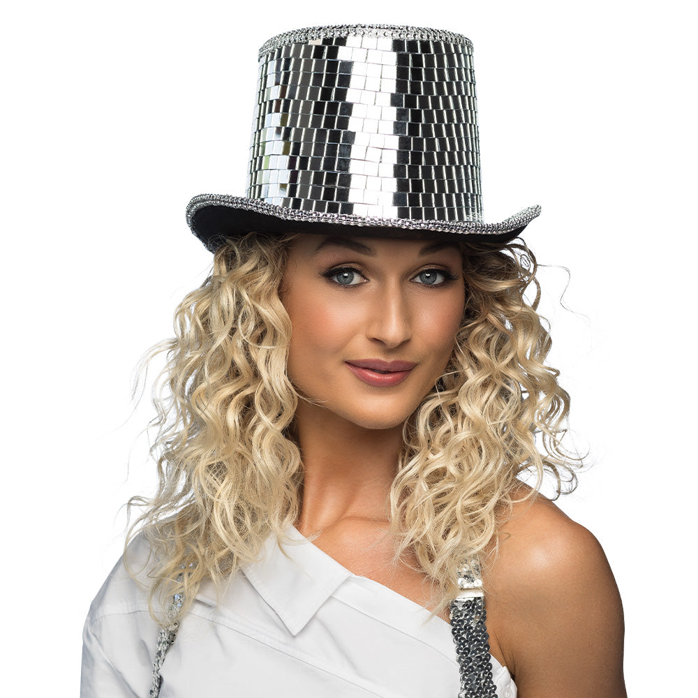 Chapeau Haut de Forme Paillettes Argenté Disco Party