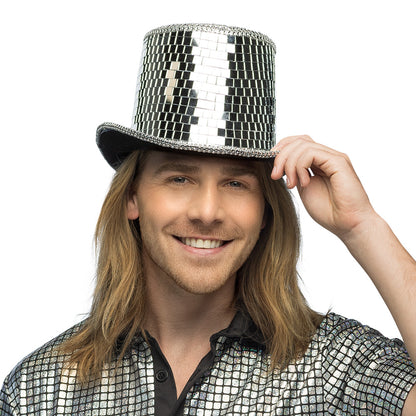 Chapeau Haut de Forme Paillettes Argenté Disco Party