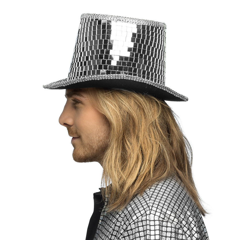Chapeau Haut de Forme Paillettes Argenté Disco Party