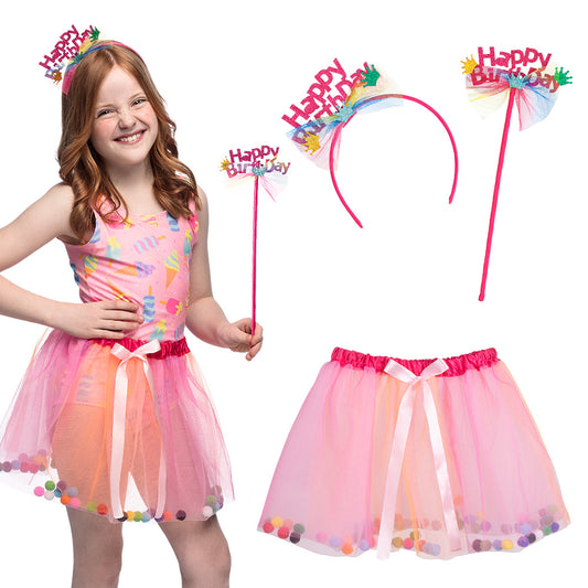 Set Anniversaire Enfant Rose - Robe Tutu, Serre-tête et Baguette Magique