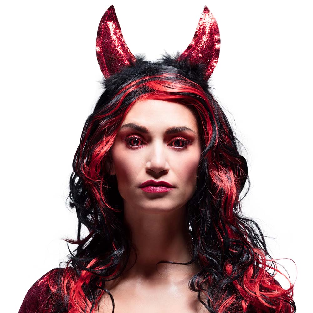 Cornes de Diable Pailletées Rouges avec Plumes Noires