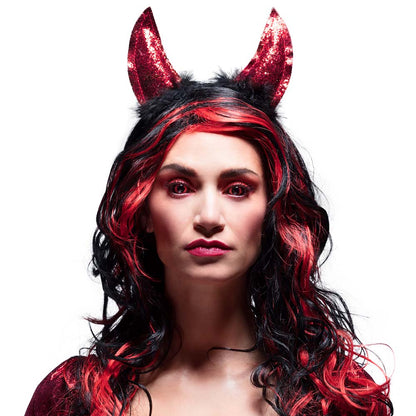 Cornes de Diable Pailletées Rouges avec Plumes Noires