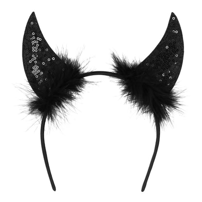 Cornes Diable Sequins Noires avec Plumes - Accessoire Halloween