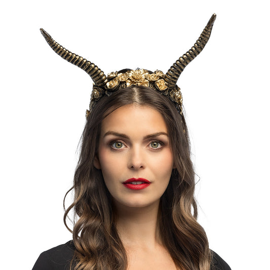 Cornes de Démon Dorées avec Couronne Florale - Accessoire Halloween