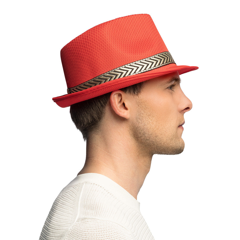 Chapeau Fedora Rouge avec Bande Zébrée - Déguisement Tendance