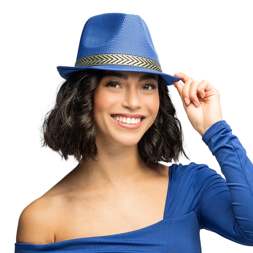Chapeau Fedora Bleu avec Bande Géométrique - Accessoire Fête