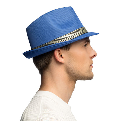 Chapeau Fedora Bleu avec Bande Géométrique - Accessoire Fête