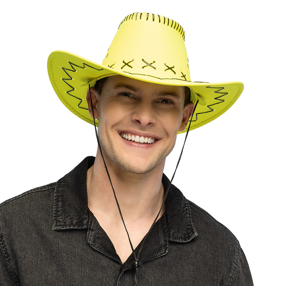 Chapeau Cowboy Jaune Fluo UV Blacklight - Déguisement Festif