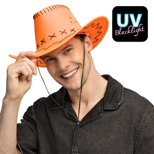 Chapeau Cowboy Orange Fluo UV Blacklight - Déguisement Adulte