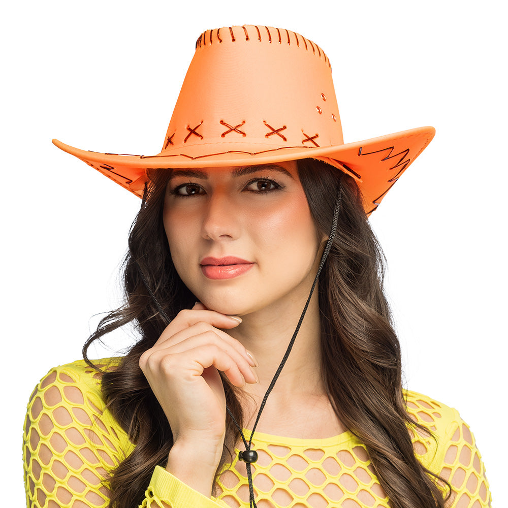 Chapeau Cowboy Orange Fluo UV Blacklight - Déguisement Adulte
