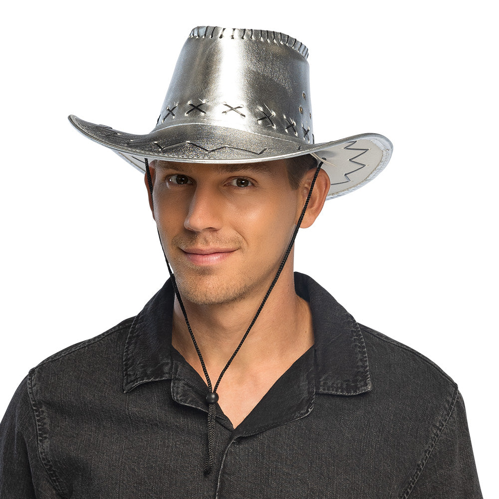 Chapeau Cowboy Métallisé Argent avec Cordon Ajustable