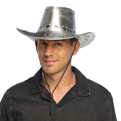 Chapeau Cowboy Métallisé Argent avec Cordon Ajustable