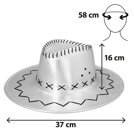 Chapeau Cowboy Métallisé Argent avec Cordon Ajustable
