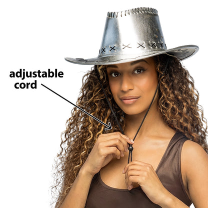 Chapeau Cowboy Métallisé Argent avec Cordon Ajustable