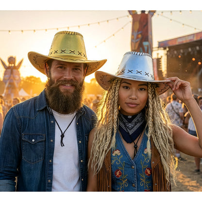 Chapeau Cowboy Métallisé Argent avec Cordon Ajustable