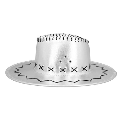 Chapeau Cowboy Métallisé Argent avec Cordon Ajustable