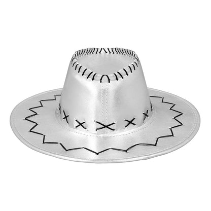 Chapeau Cowboy Métallisé Argent avec Cordon Ajustable