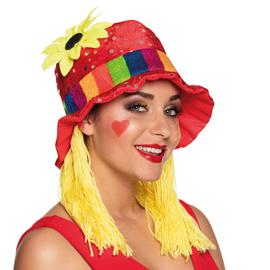 Chapeau Clown Rouge Paillettes avec Fleur - Déguisement Amusant