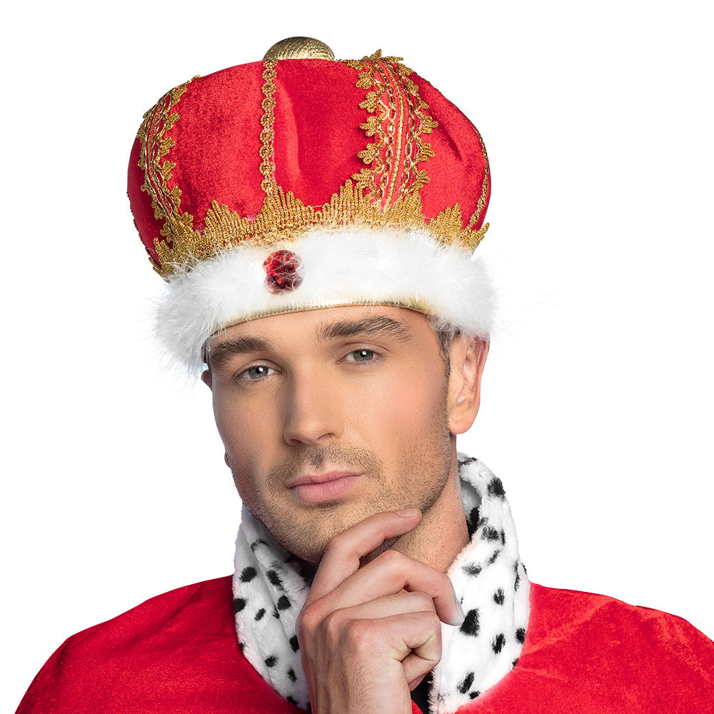 Couronne de Roi Rouge et Or Luxe avec Fourrure Blanche