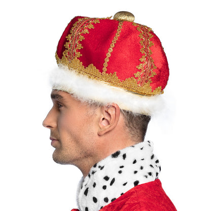 Couronne de Roi Rouge et Or Luxe avec Fourrure Blanche