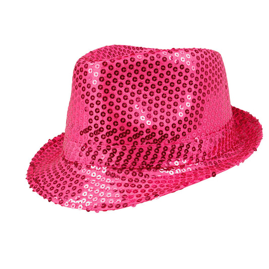 Chapeau Fedora Paillettes Rose Fluo - Accessoire Disco Party