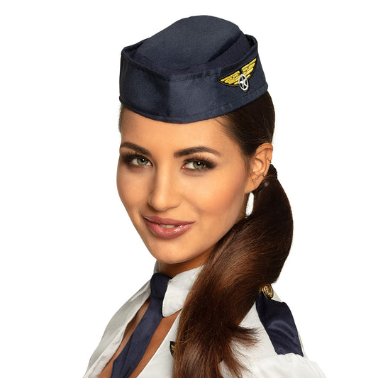 Toque Hôtesse de l'Air Bleu Marine avec Ailes Dorées