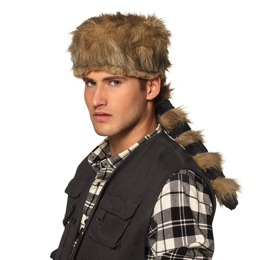 Bonnet Davy Crockett Peluche Marron avec Queue de Raton