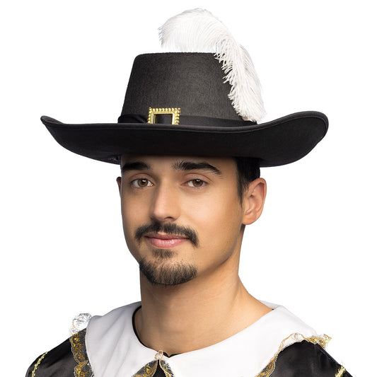 Chapeau Cow-boy Noir avec Plume Blanche et Boucle Dorée