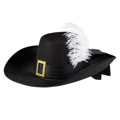 Chapeau Cow-boy Noir avec Plume Blanche et Boucle Dorée