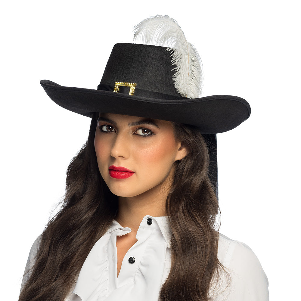 Chapeau Cow-boy Noir avec Plume Blanche et Boucle Dorée