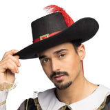Chapeau Mousquetaire Noir Plume Rouge - Déguisement Baroque