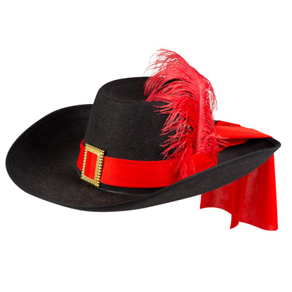 Chapeau Mousquetaire Noir Plume Rouge - Déguisement Baroque