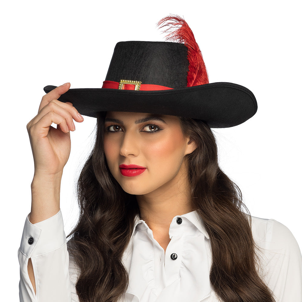 Chapeau Mousquetaire Noir Plume Rouge - Déguisement Baroque
