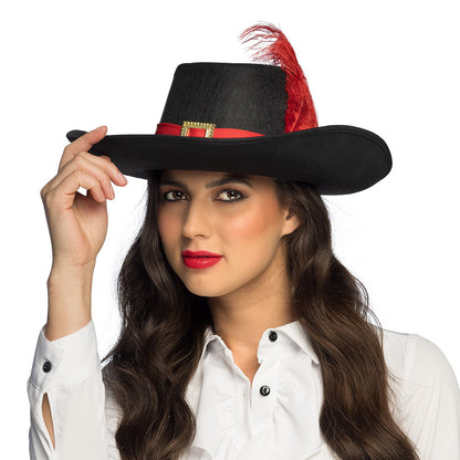 Chapeau Mousquetaire Noir Plume Rouge - Déguisement Baroque